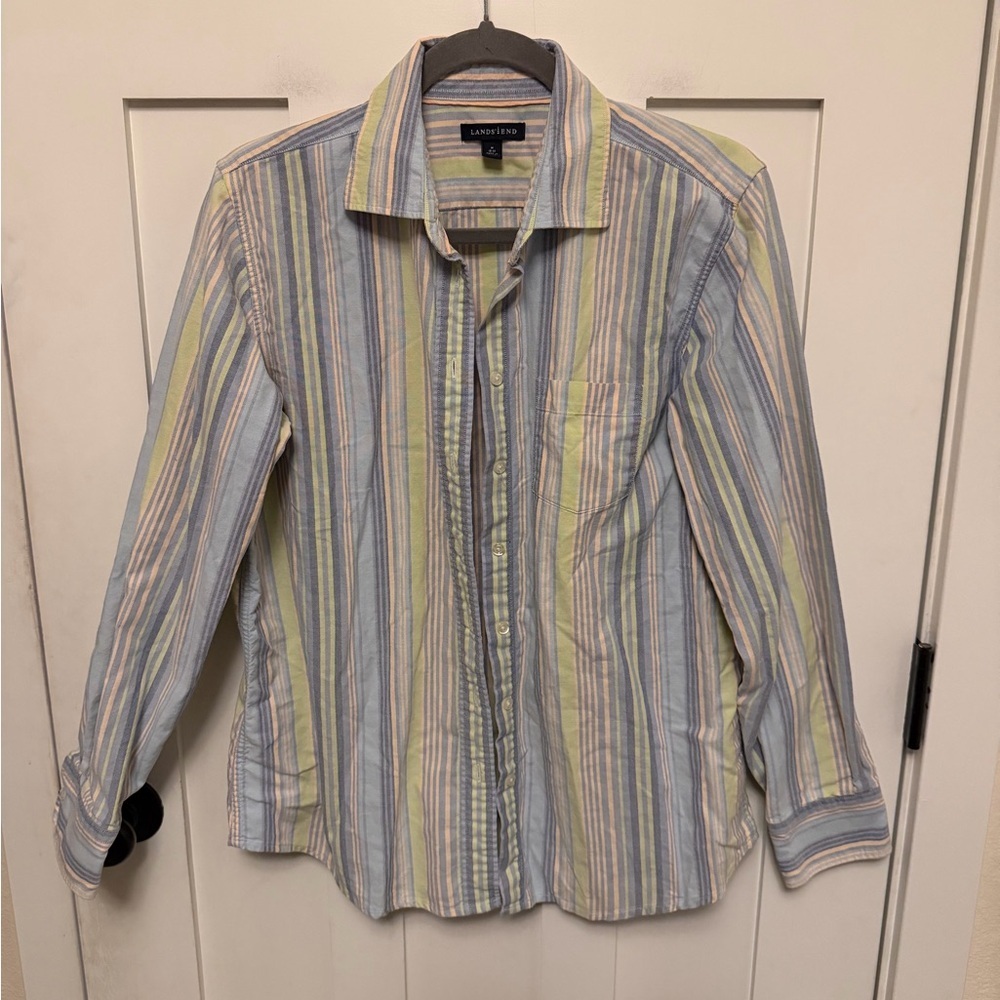 Lands End 100% Cotton Striped Long Sleeve Button Down Shirt Size Large 10-12